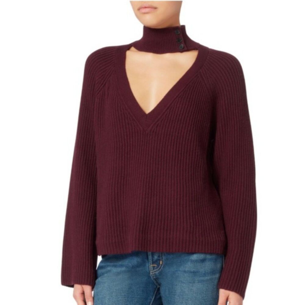 Intermix Wool Blend Sweater Keyhole Choker Sweater Rib Knit Burgundy Sz P/XS SP
